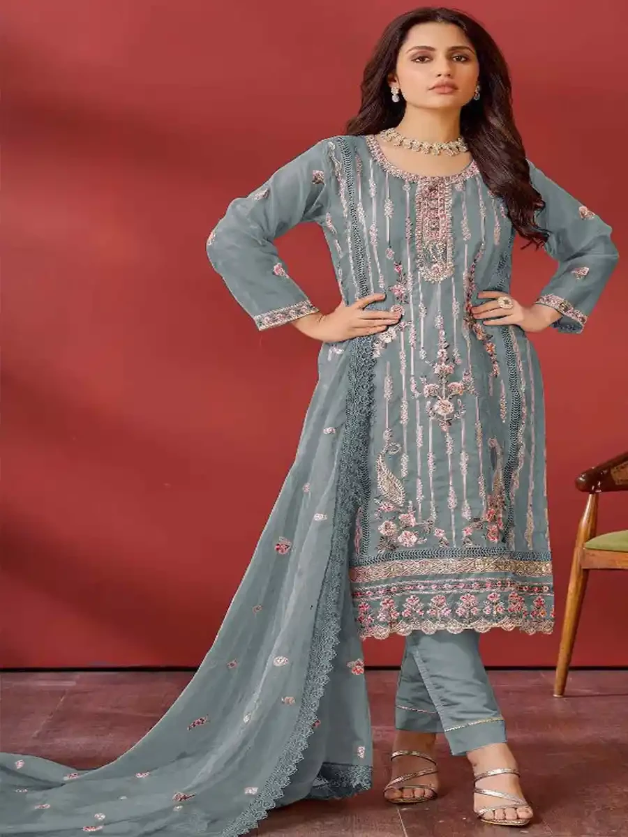 Grey Faux Georgette Embroidered Festival Casual Pant Salwar Kameez