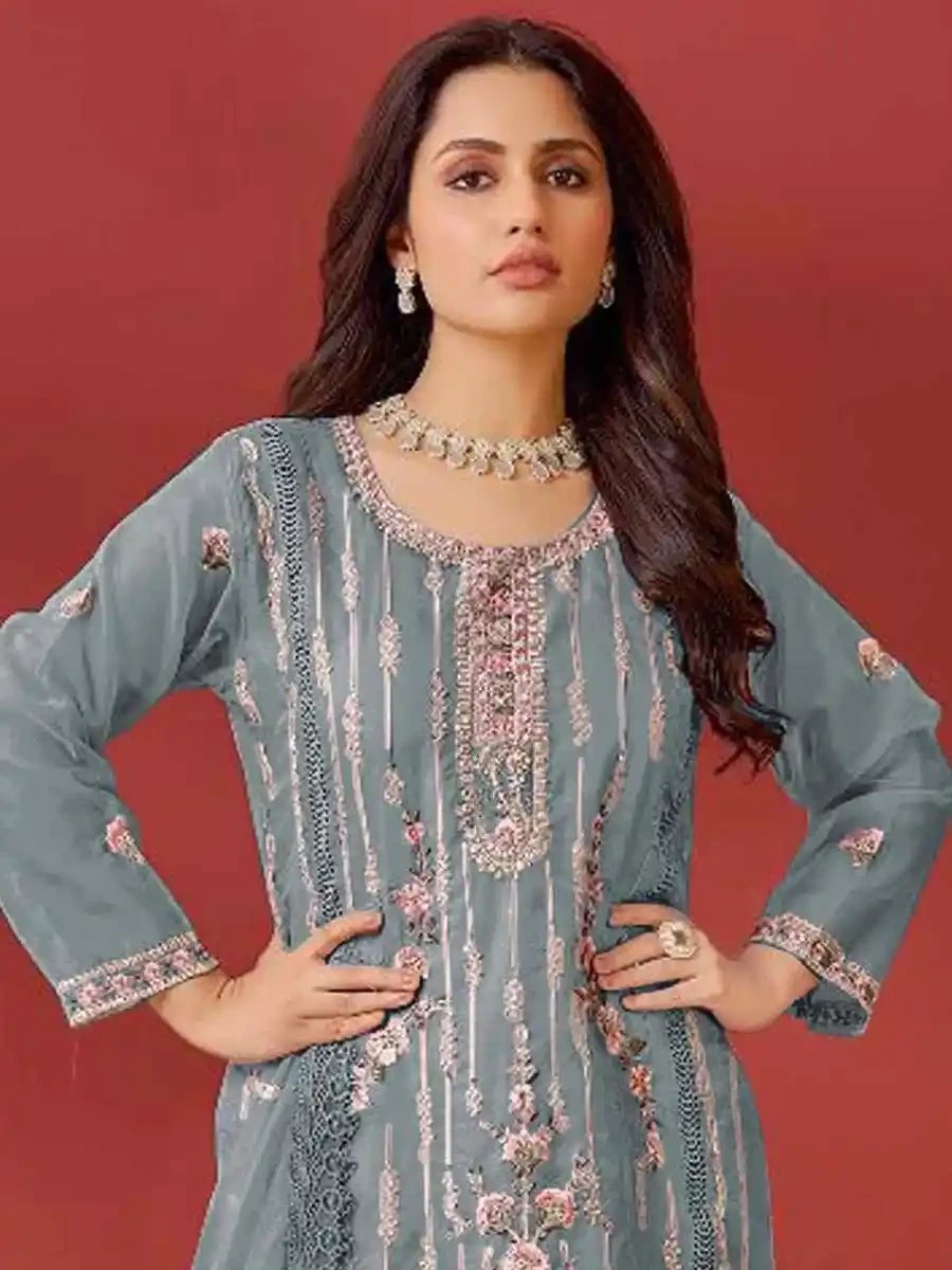 Grey Faux Georgette Embroidered Festival Casual Pant Salwar Kameez