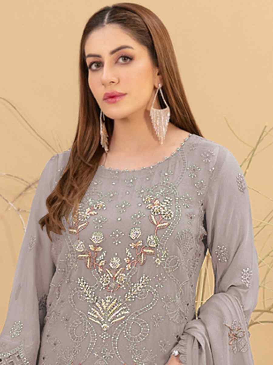 Grey Faux Georgette Embroidered Festival Casual Pant Salwar Kameez