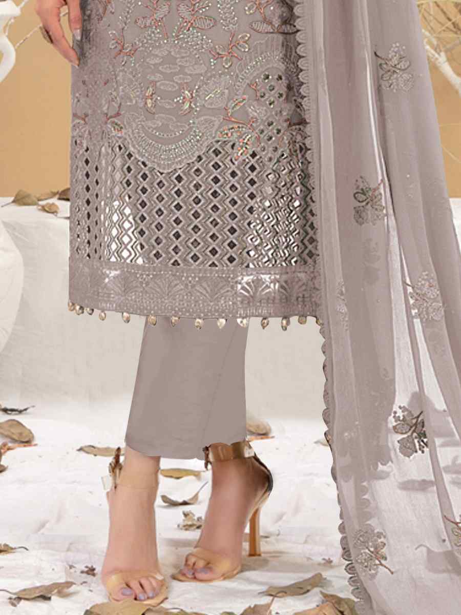 Grey Faux Georgette Embroidered Festival Casual Pant Salwar Kameez