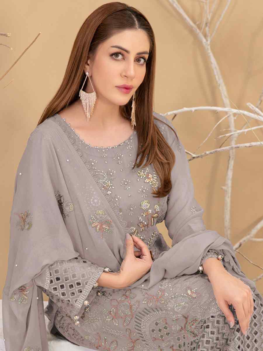 Grey Faux Georgette Embroidered Festival Casual Pant Salwar Kameez