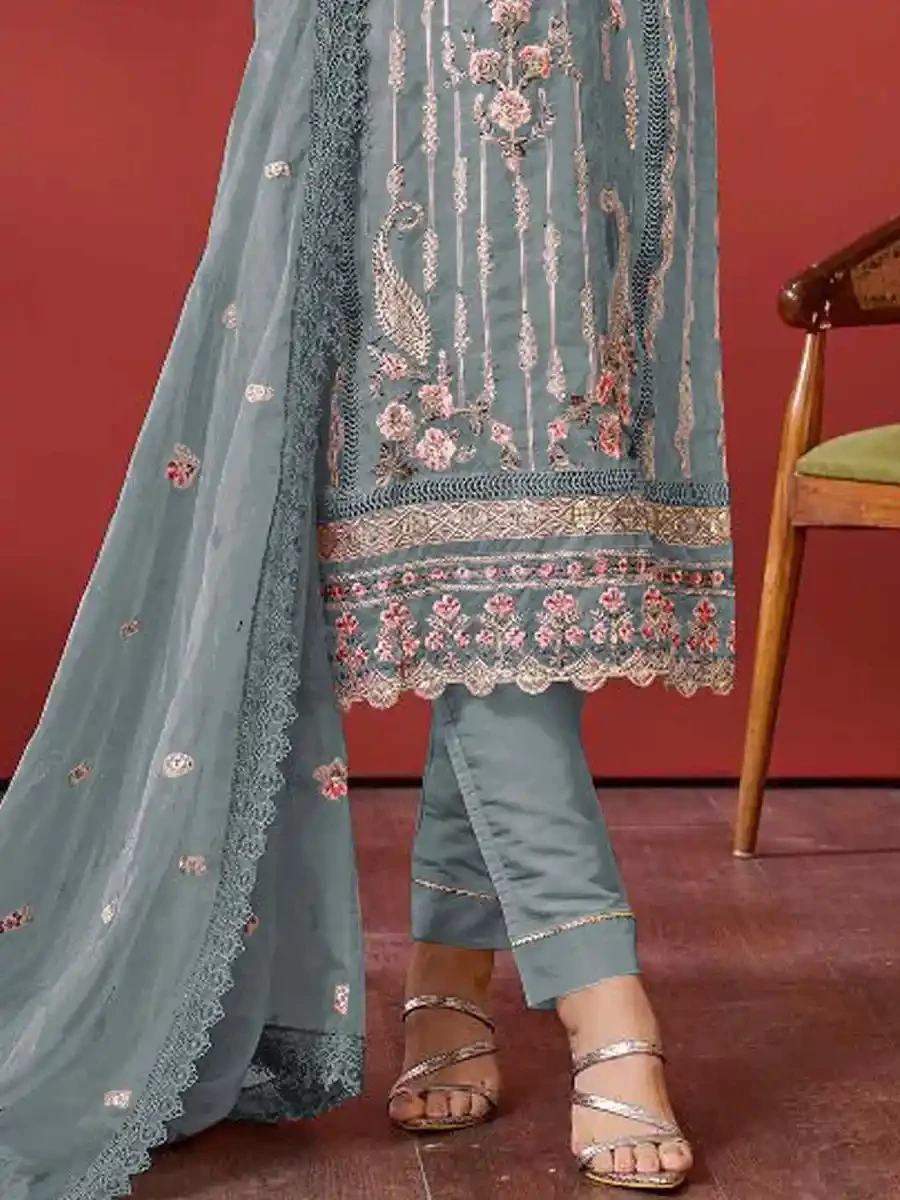 Grey Faux Georgette Embroidered Festival Casual Pant Salwar Kameez