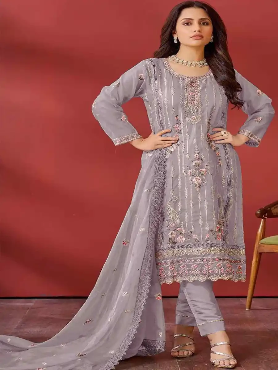 Grey Faux Georgette Embroidered Festival Casual Pant Salwar Kameez