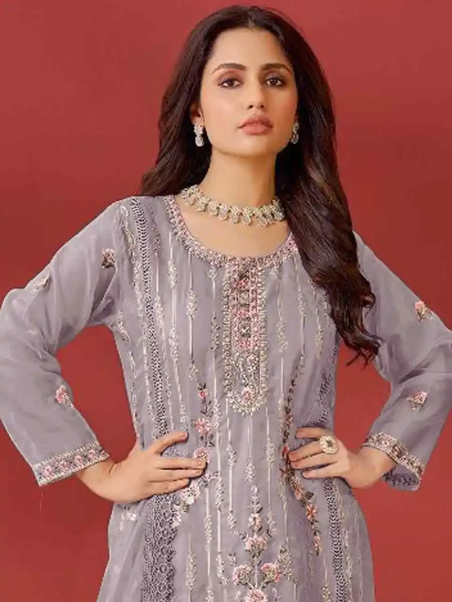 Grey Faux Georgette Embroidered Festival Casual Pant Salwar Kameez