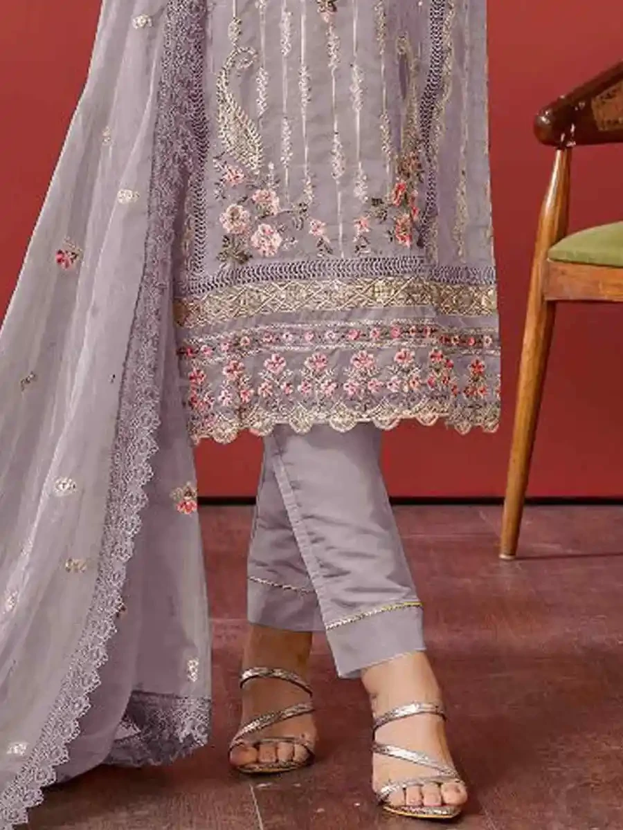 Grey Faux Georgette Embroidered Festival Casual Pant Salwar Kameez