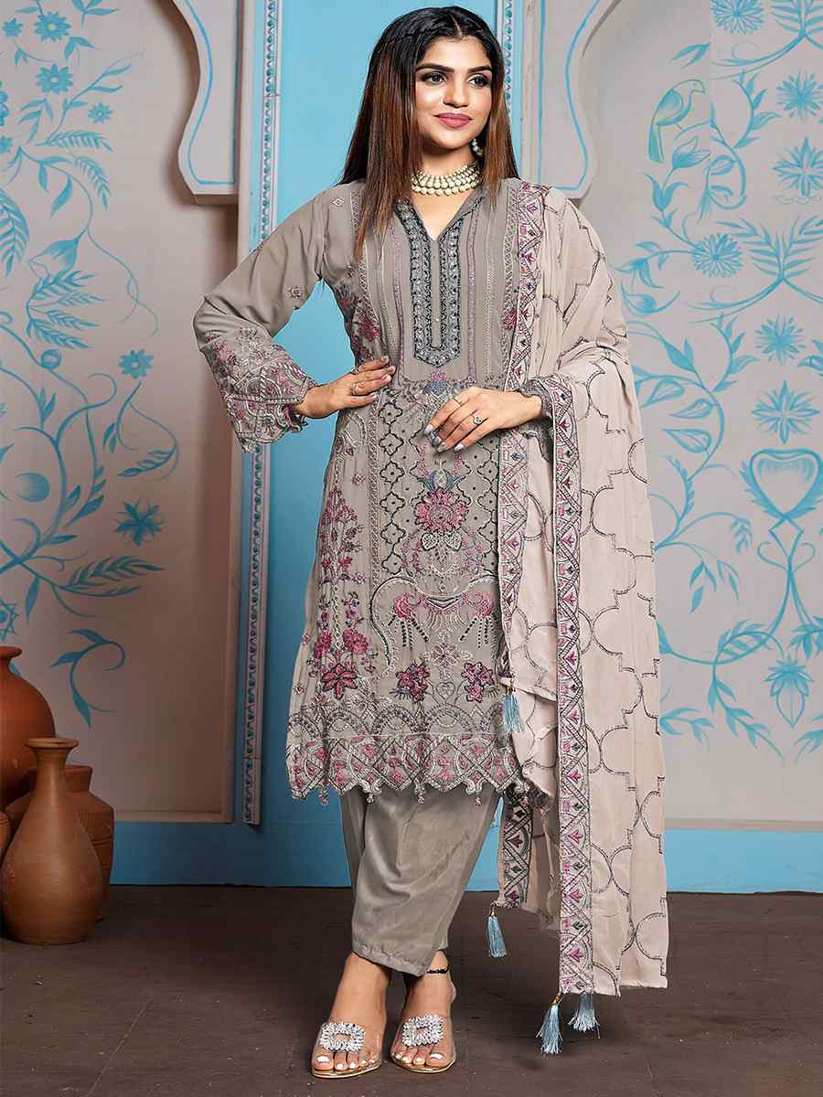 Grey Faux Georgette Embroidered Festival Casual Pant Salwar Kameez