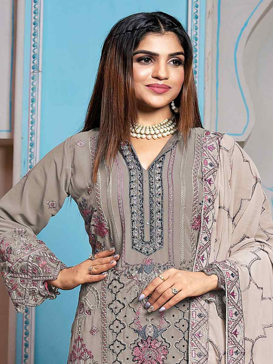 Grey Faux Georgette Embroidered Festival Casual Pant Salwar Kameez