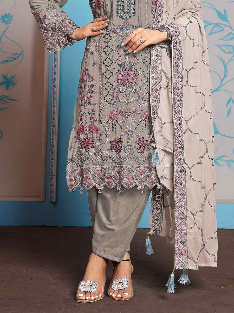 Grey Faux Georgette Embroidered Festival Casual Pant Salwar Kameez