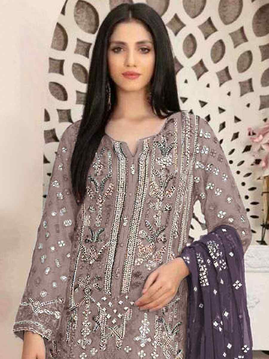 Grey Faux Georgette Embroidered Festival Casual Pant Salwar Kameez