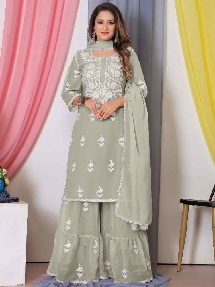 Grey Faux Georgette Embroidered Festival Casual Ready Sharara Pant Salwar Kameez