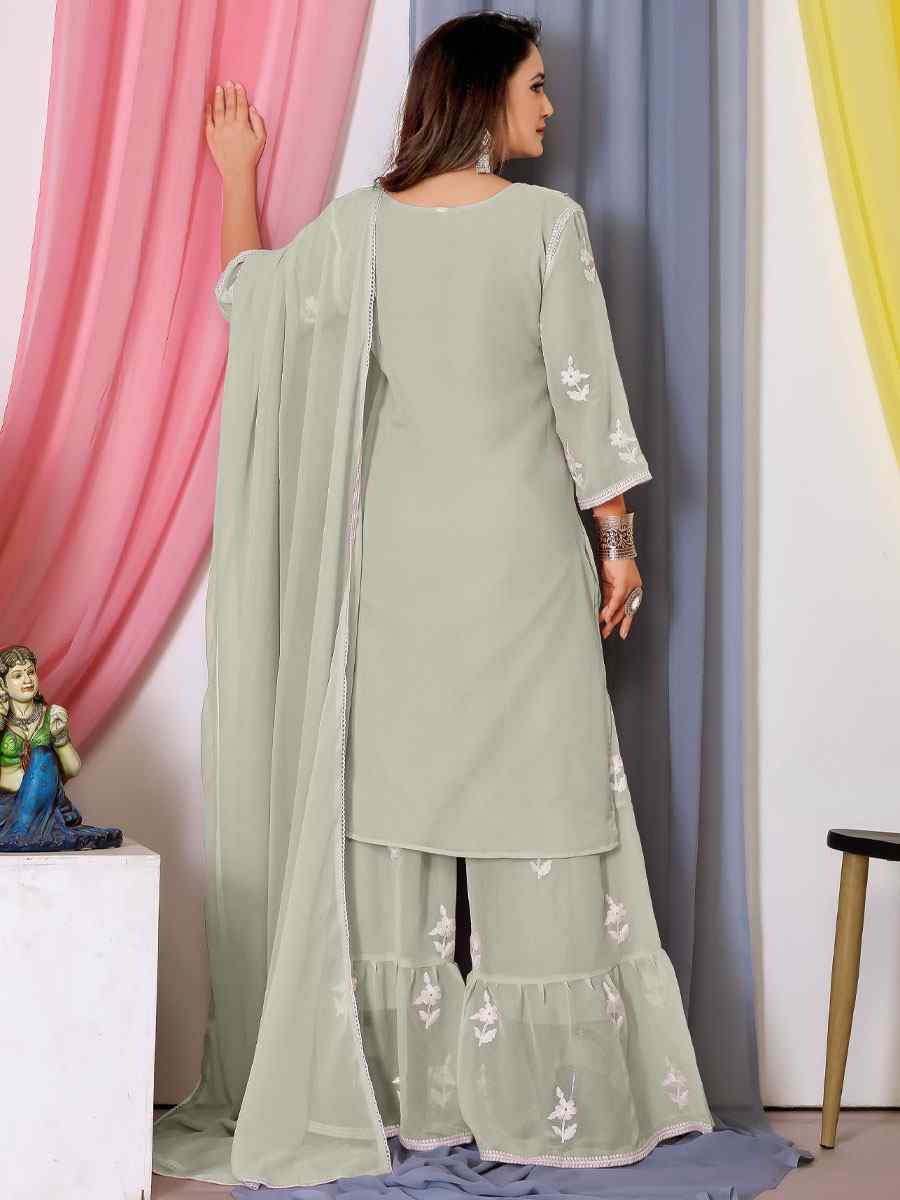 Grey Faux Georgette Embroidered Festival Casual Ready Sharara Pant Salwar Kameez