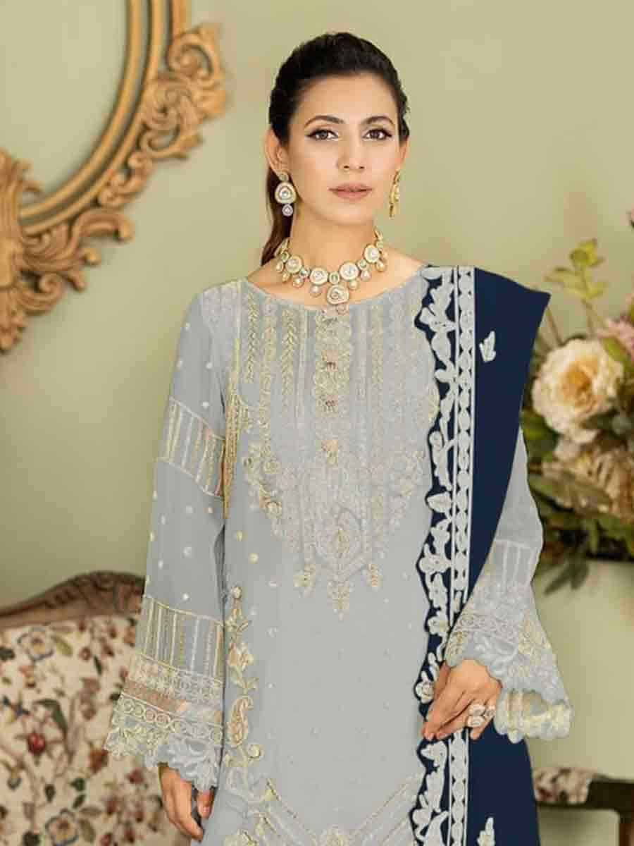 Grey Faux Georgette Embroidered Festival Wedding Palazzo Pant Salwar Kameez