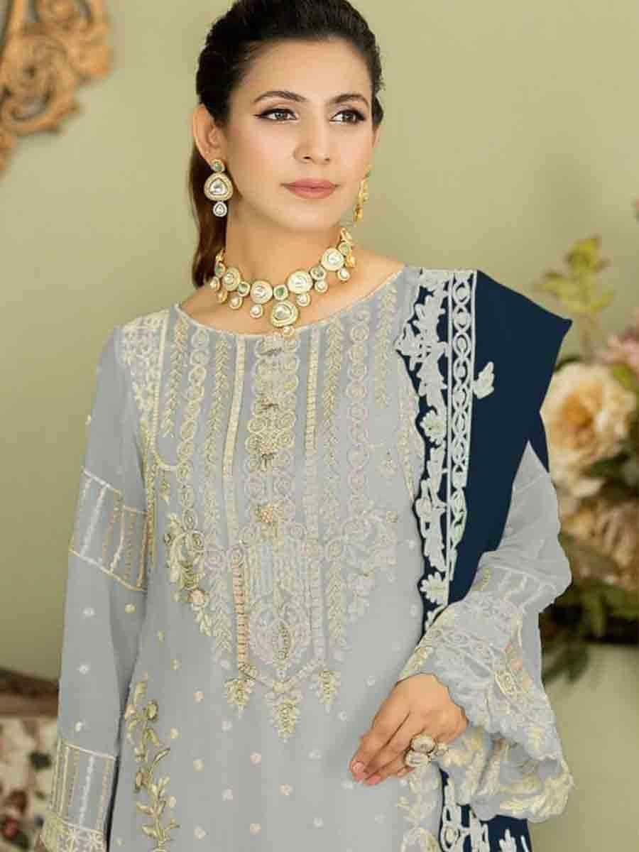 Grey Faux Georgette Embroidered Festival Wedding Palazzo Pant Salwar Kameez