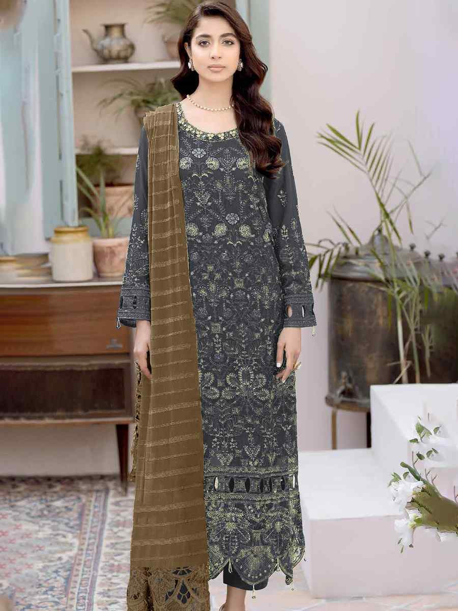 Grey Faux Georgette Embroidered Festival Wedding Pant Salwar Kameez