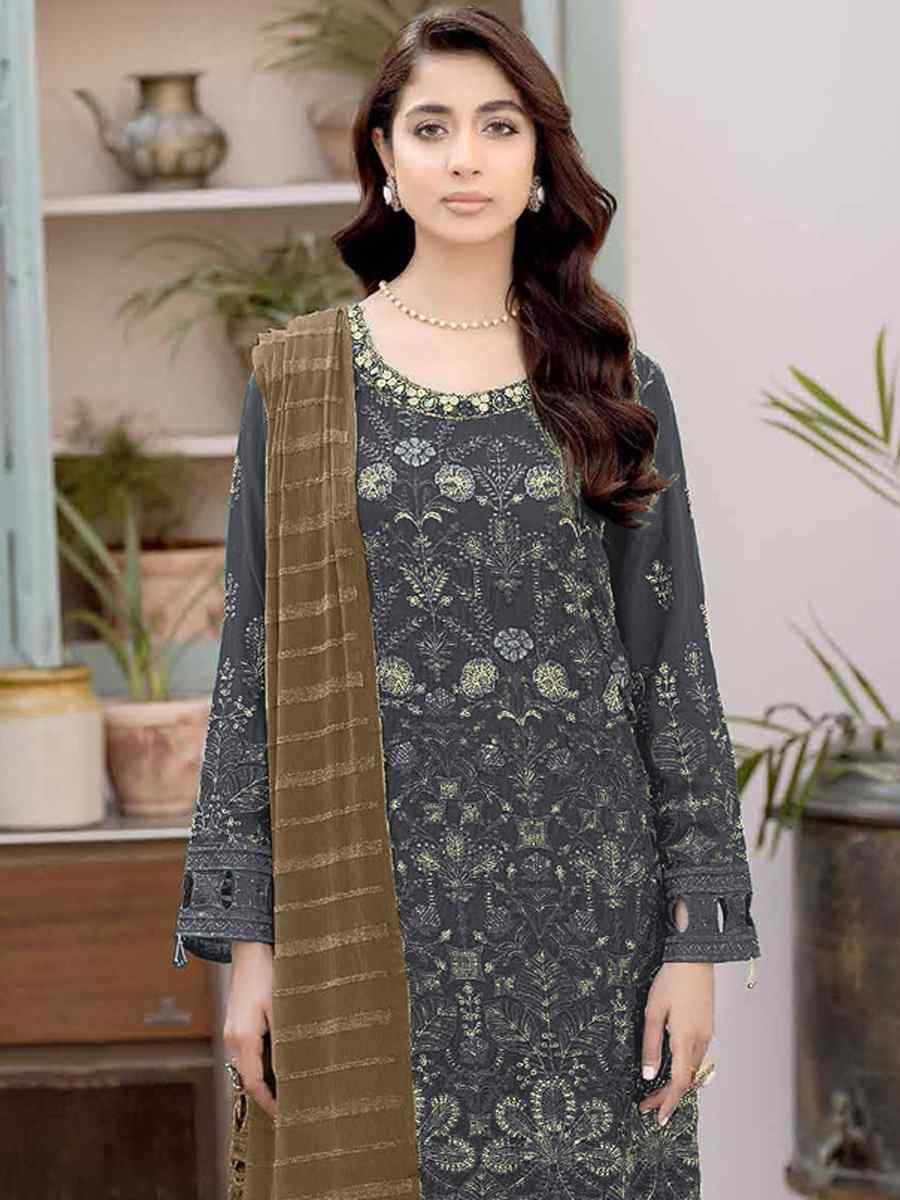 Grey Faux Georgette Embroidered Festival Wedding Pant Salwar Kameez