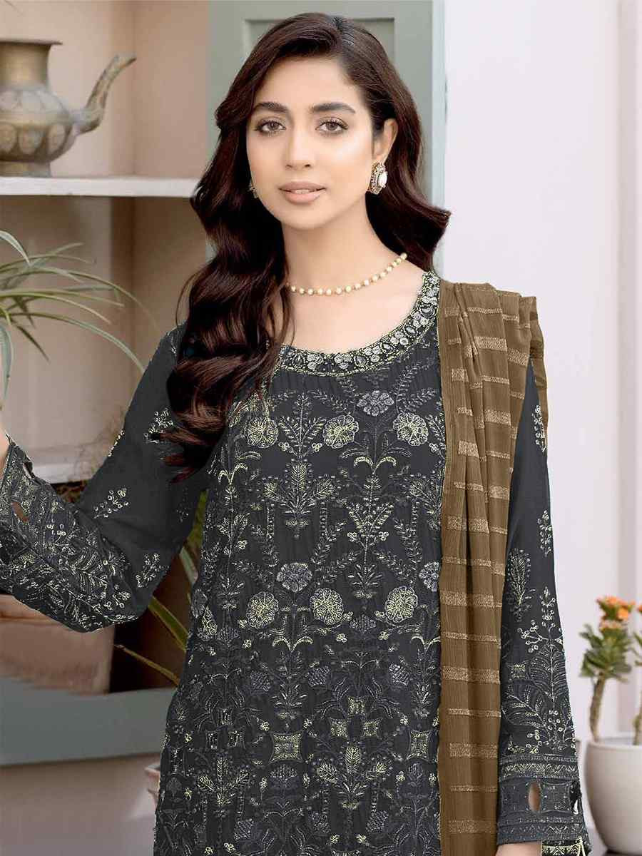 Grey Faux Georgette Embroidered Festival Wedding Pant Salwar Kameez