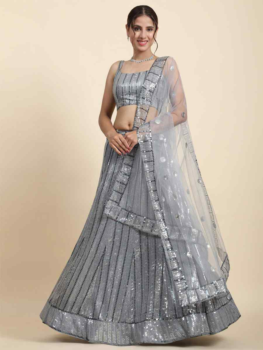 Grey Faux Georgette Embroidered Wedding Festival Heavy Border Lehenga Choli