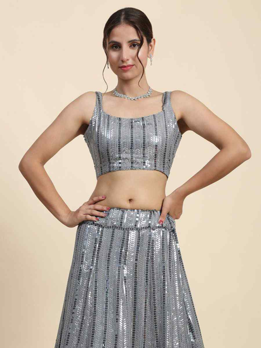 Grey Faux Georgette Embroidered Wedding Festival Heavy Border Lehenga Choli