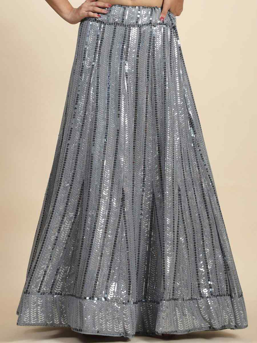 Grey Faux Georgette Embroidered Wedding Festival Heavy Border Lehenga Choli