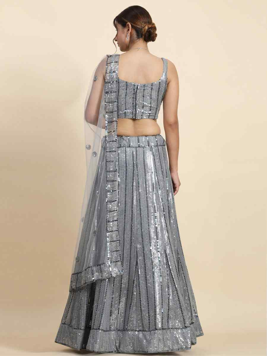 Grey Faux Georgette Embroidered Wedding Festival Heavy Border Lehenga Choli