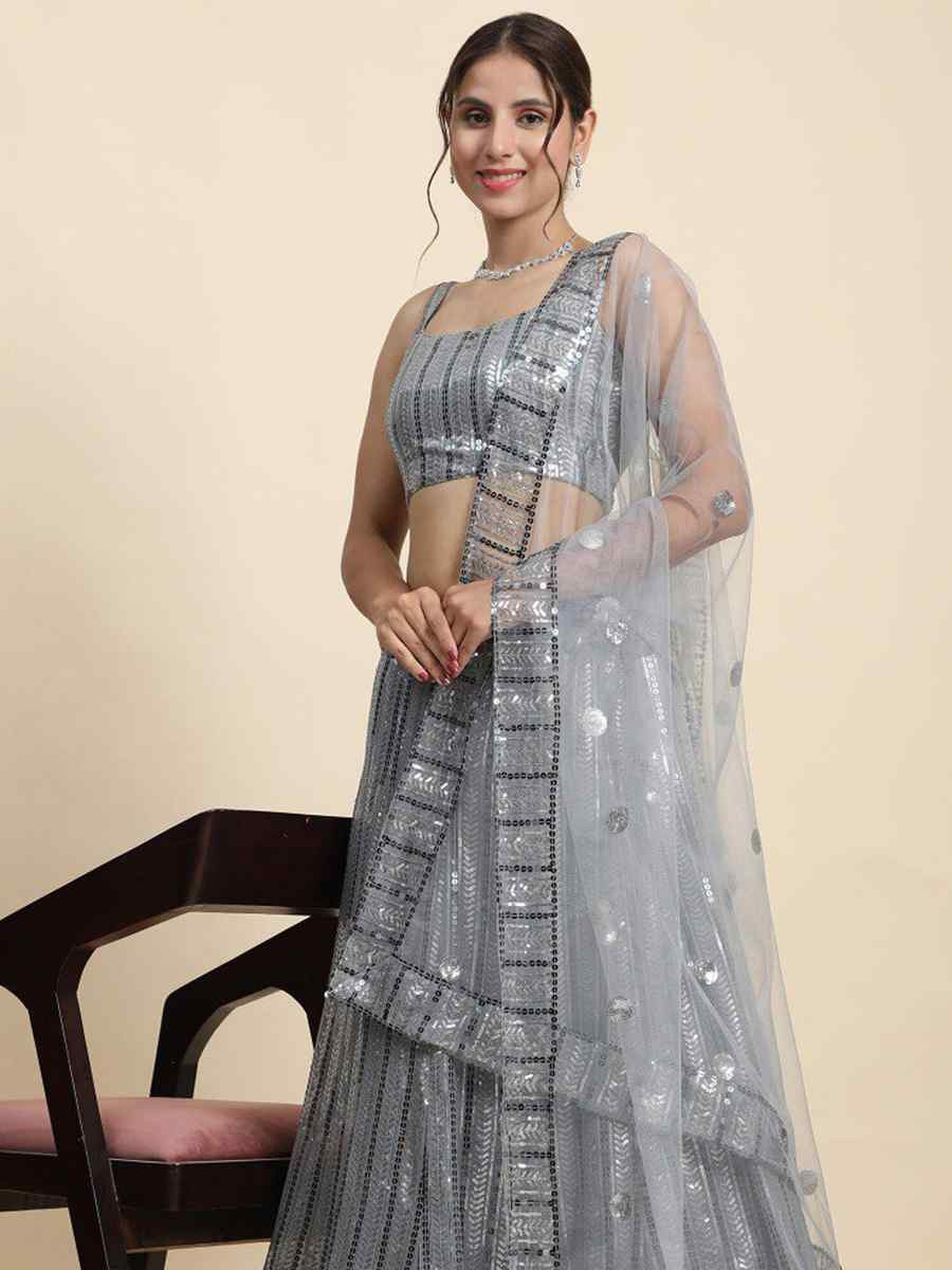 Grey Faux Georgette Embroidered Wedding Festival Heavy Border Lehenga Choli