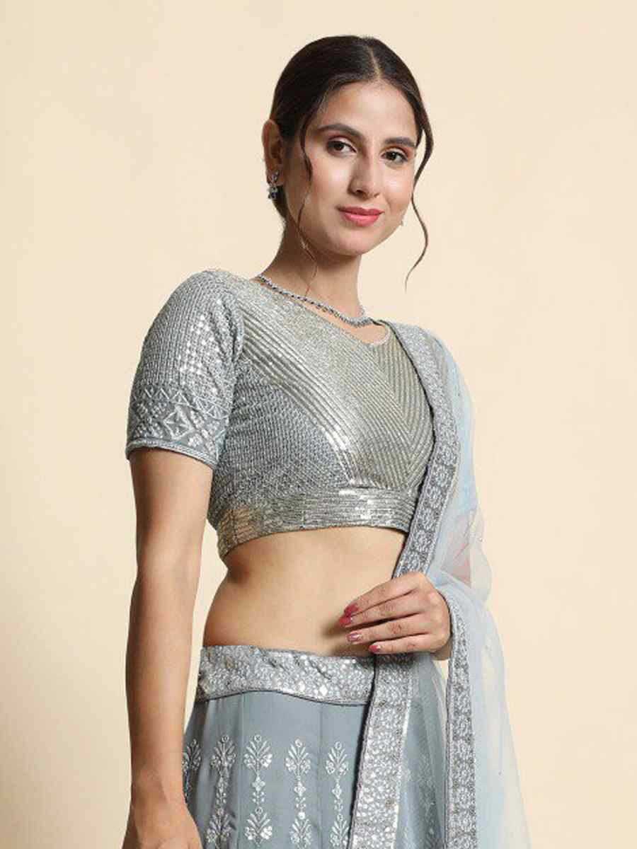 Grey Faux Georgette Embroidered Wedding Festival Heavy Border Lehenga Choli