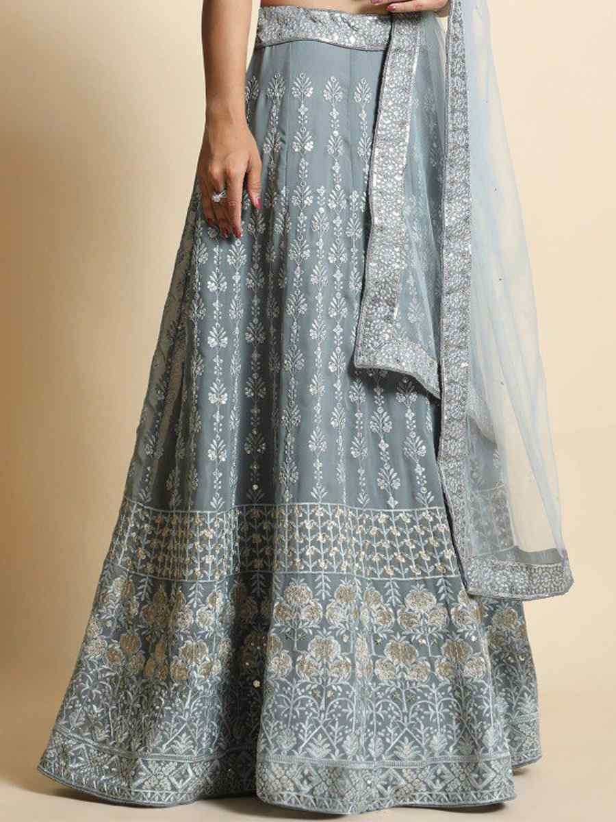 Grey Faux Georgette Embroidered Wedding Festival Heavy Border Lehenga Choli