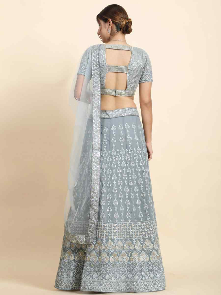 Grey Faux Georgette Embroidered Wedding Festival Heavy Border Lehenga Choli