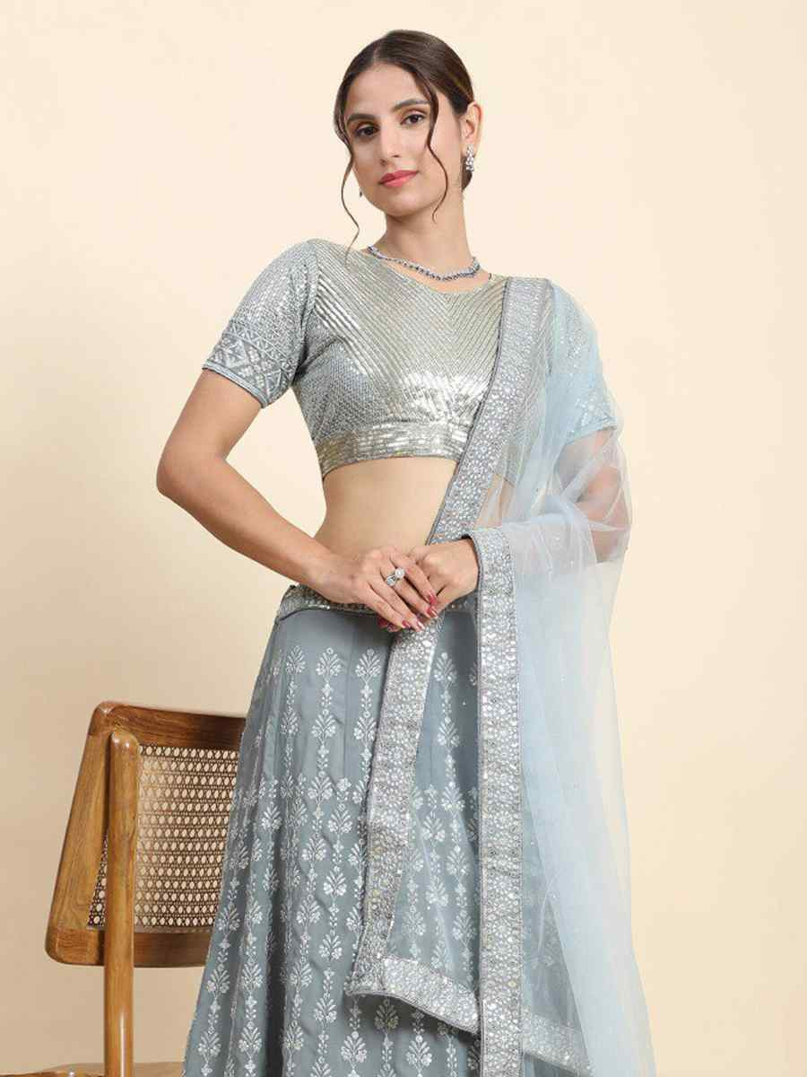 Grey Faux Georgette Embroidered Wedding Festival Heavy Border Lehenga Choli