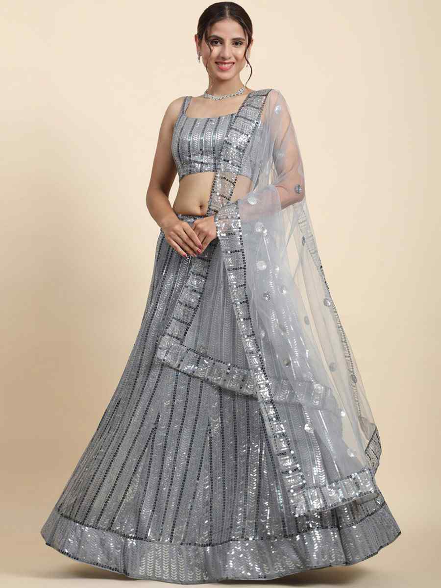 Grey Faux Georgette Embroidery Reception Party Wear Heavy Border Lehenga Choli