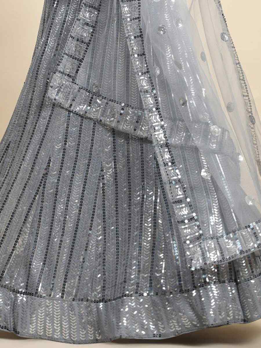 Grey Faux Georgette Embroidery Reception Party Wear Heavy Border Lehenga Choli