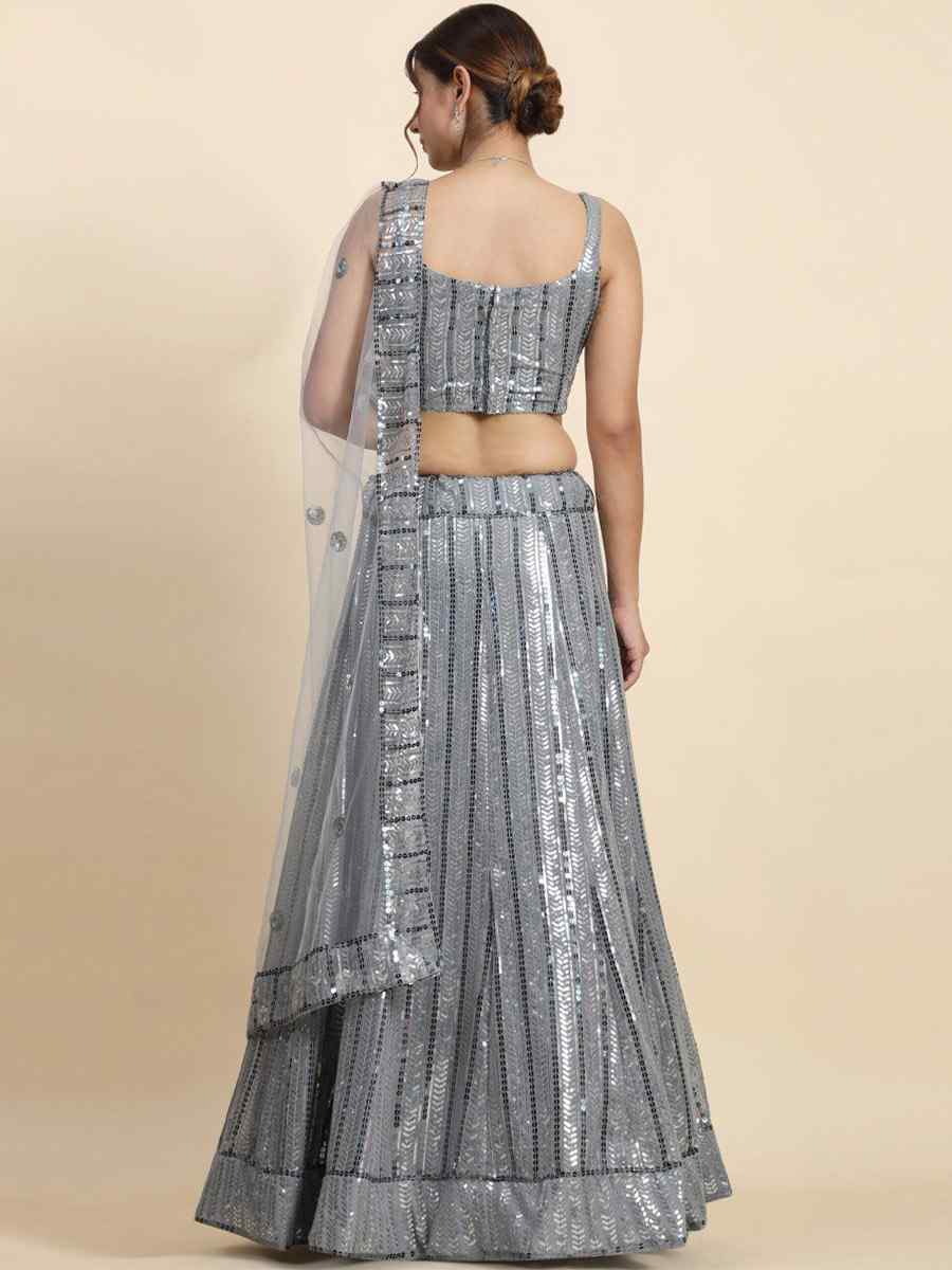 Grey Faux Georgette Embroidery Reception Party Wear Heavy Border Lehenga Choli