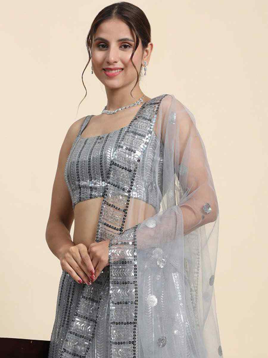 Grey Faux Georgette Embroidery Reception Party Wear Heavy Border Lehenga Choli