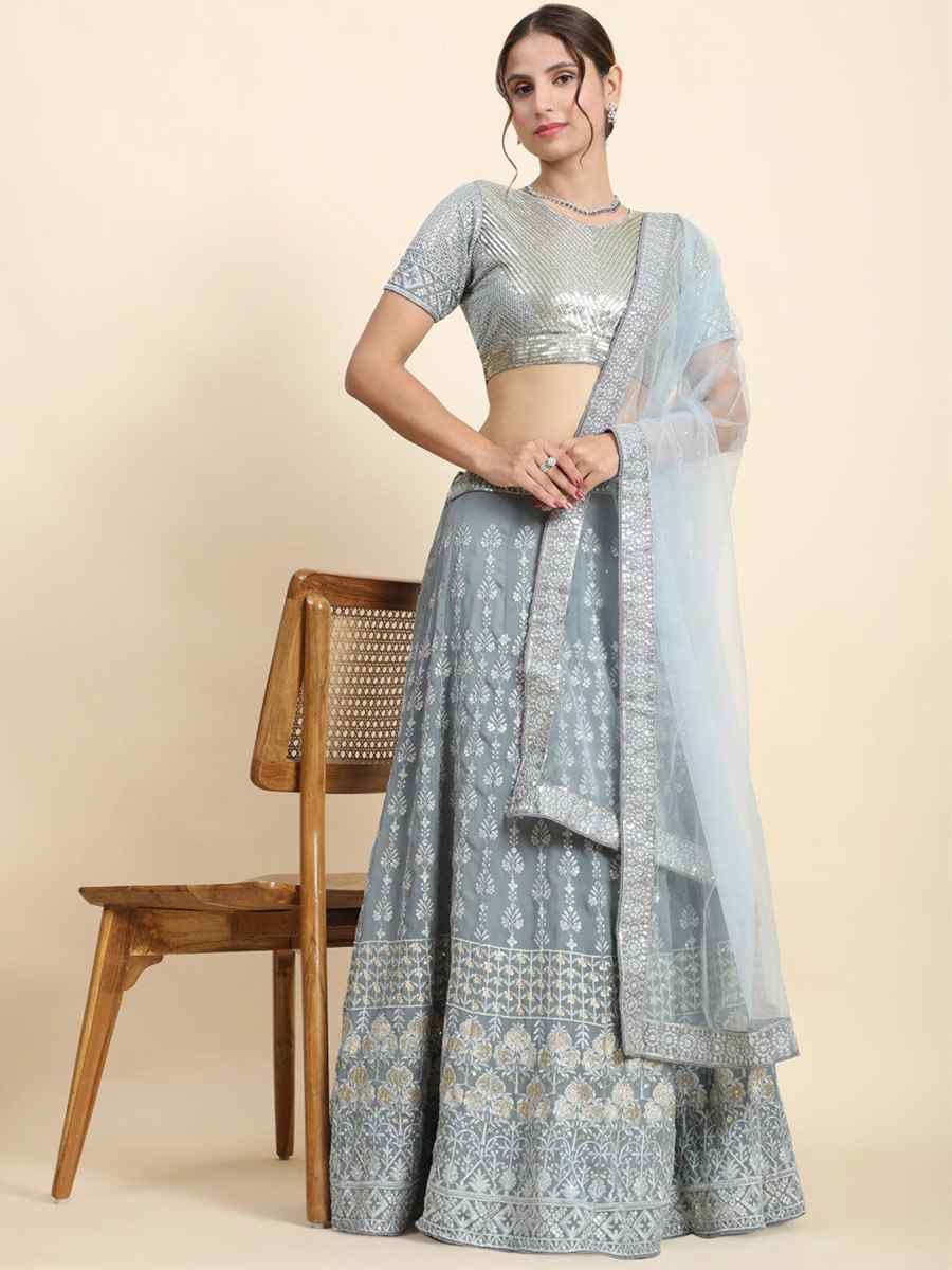 Grey Faux Georgette Embroidery Reception Party Wear Heavy Border Lehenga Choli