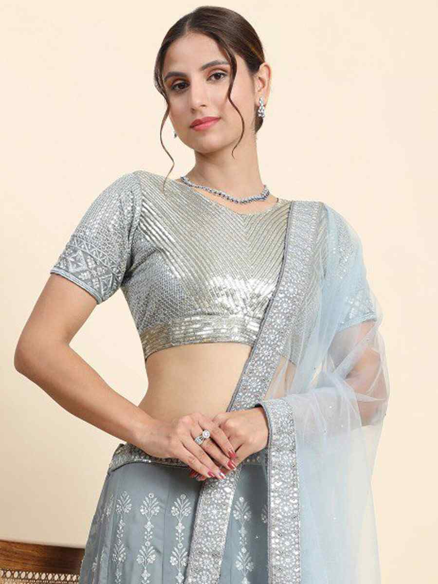 Grey Faux Georgette Embroidery Reception Party Wear Heavy Border Lehenga Choli