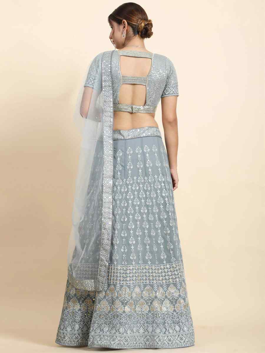 Grey Faux Georgette Embroidery Reception Party Wear Heavy Border Lehenga Choli