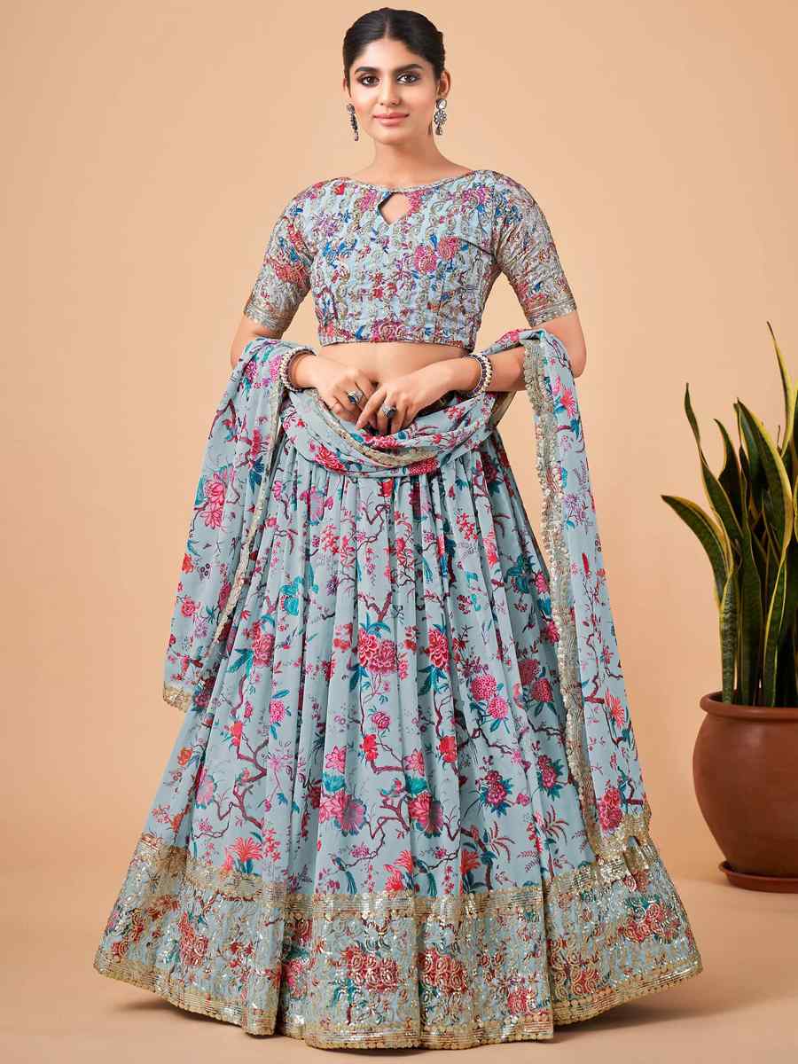 Grey Faux Georgette Embroidery Reception Party Wear Heavy Border Lehenga Choli