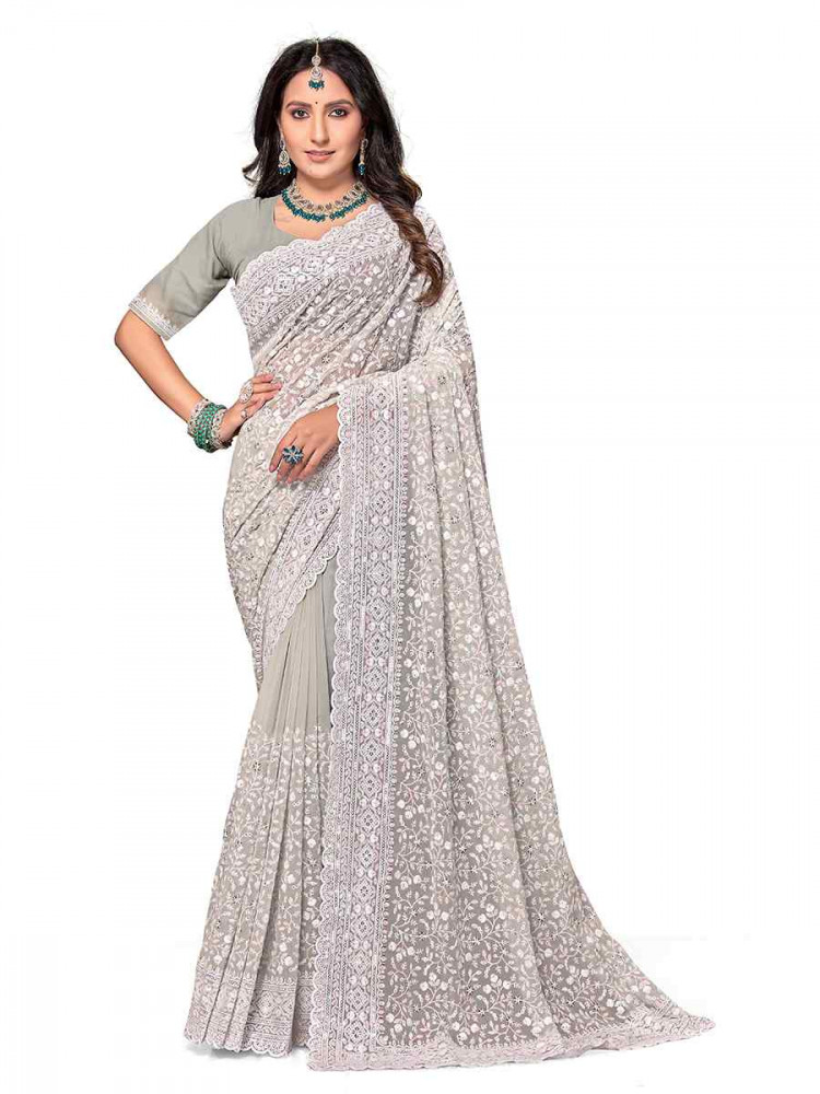 Grey Georgette Embroidered Bridesmaid Wedding Heavy Border Saree