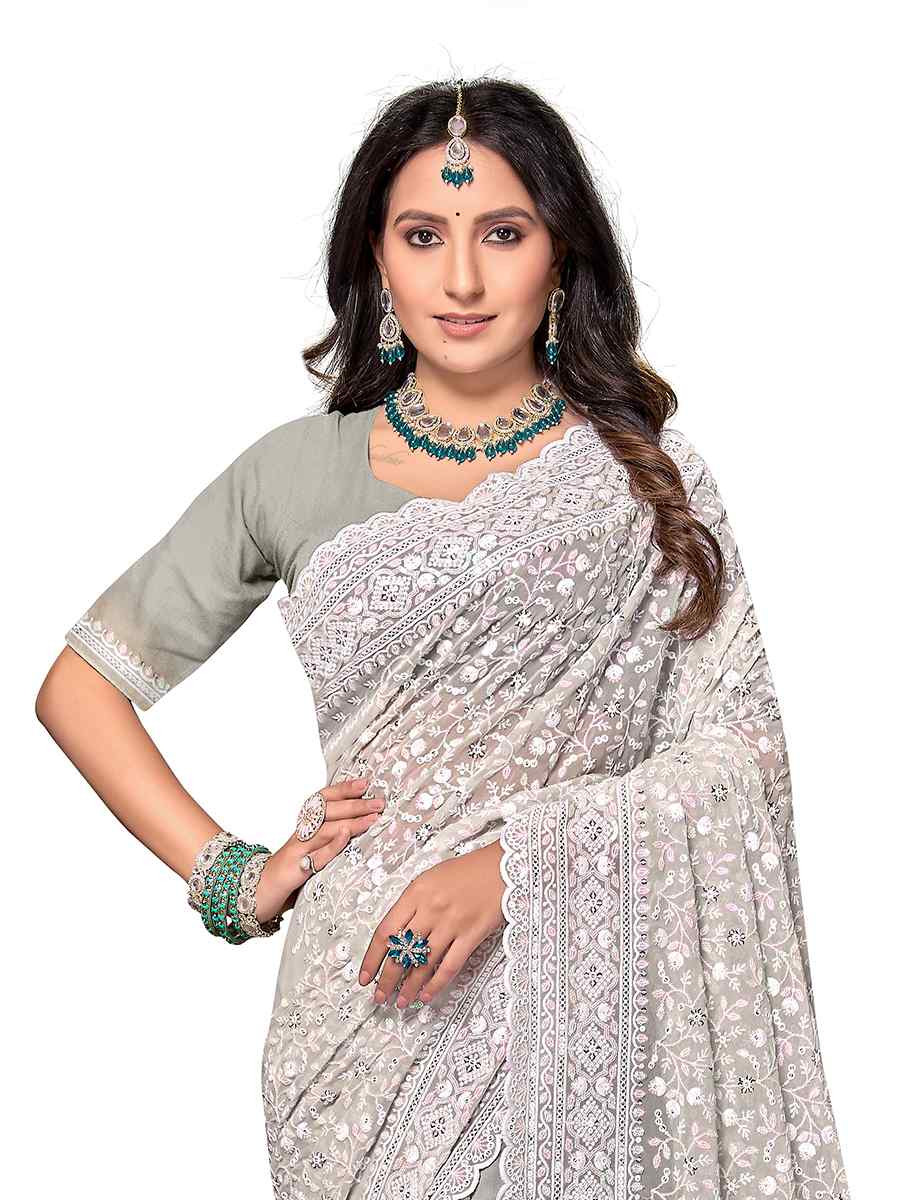 Grey Georgette Embroidered Bridesmaid Wedding Heavy Border Saree