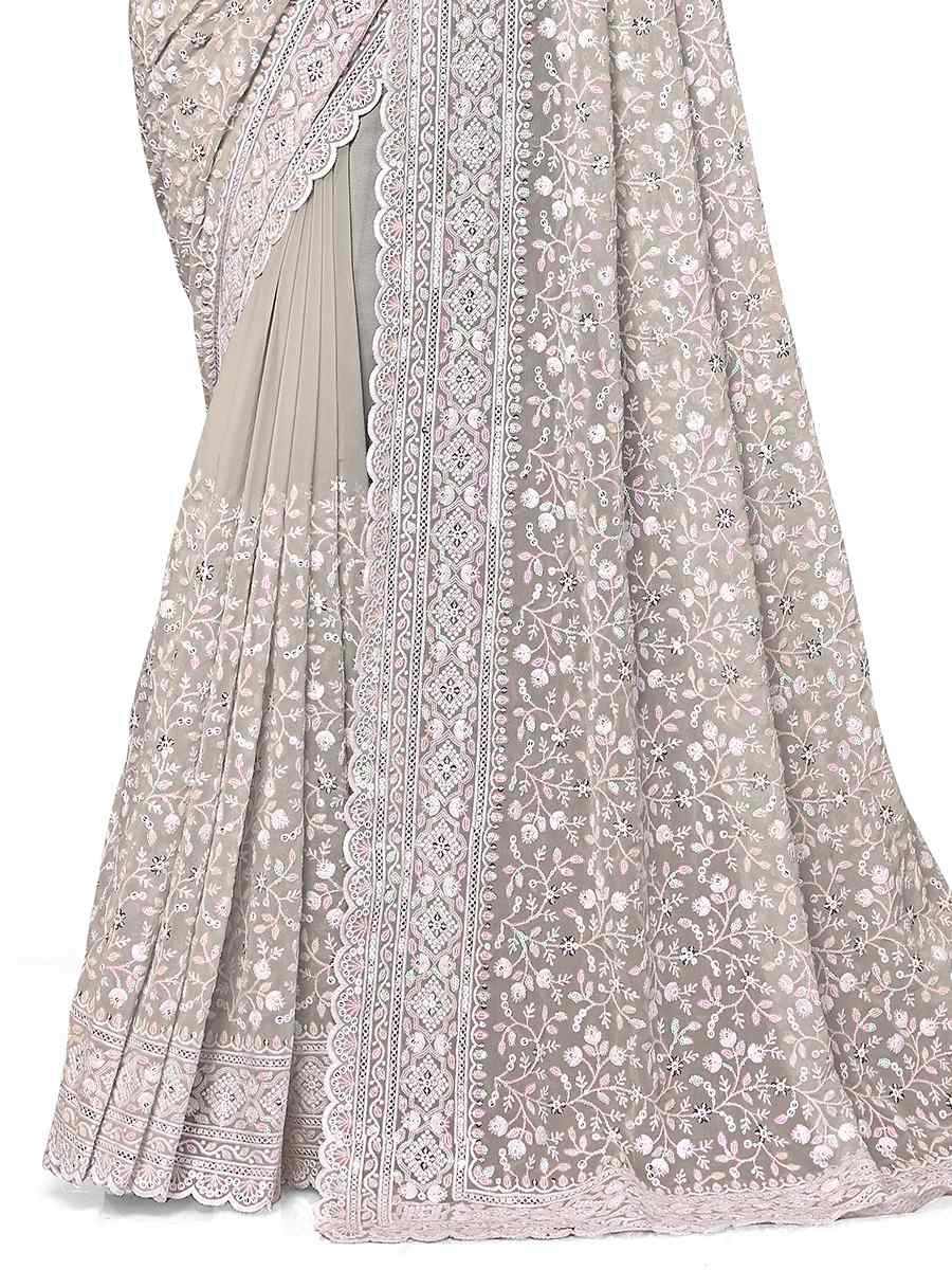 Grey Georgette Embroidered Bridesmaid Wedding Heavy Border Saree