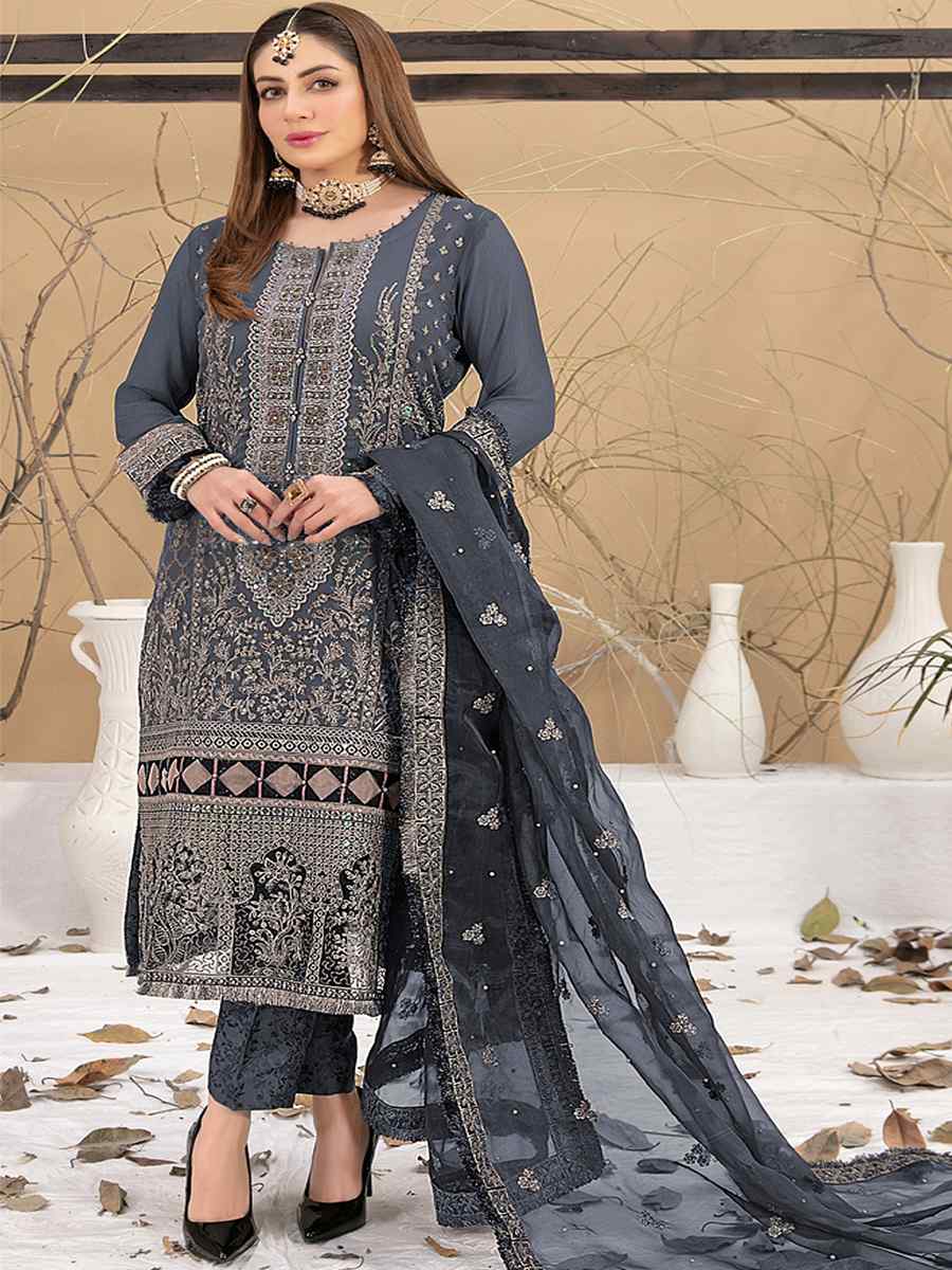 Grey Georgette Embroidered Festival Casual Pant Salwar Kameez