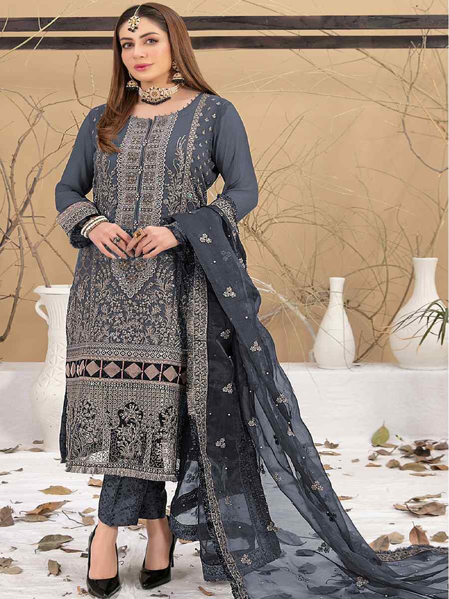 Grey Georgette Embroidered Festival Casual Pant Salwar Kameez