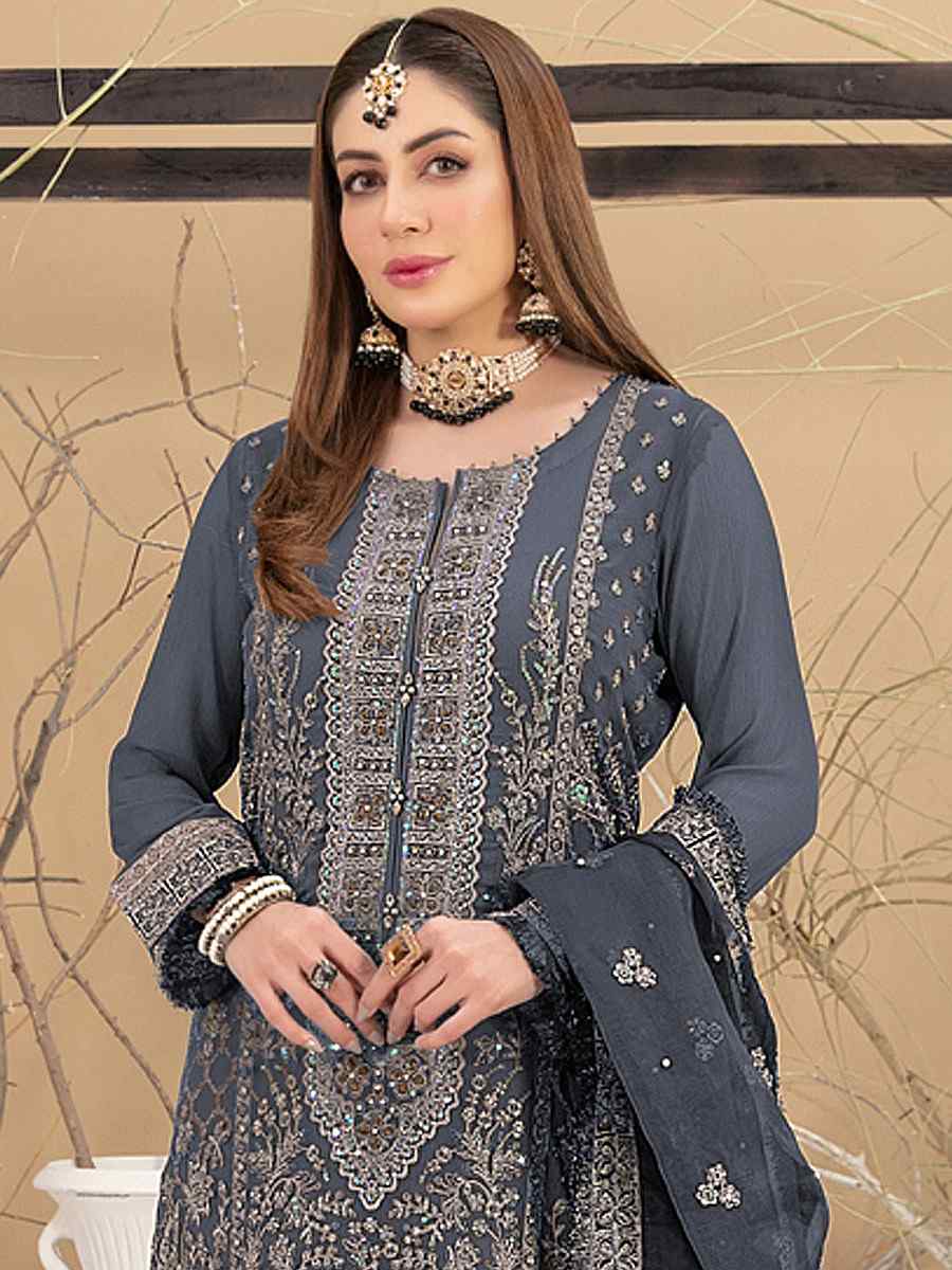 Grey Georgette Embroidered Festival Casual Pant Salwar Kameez