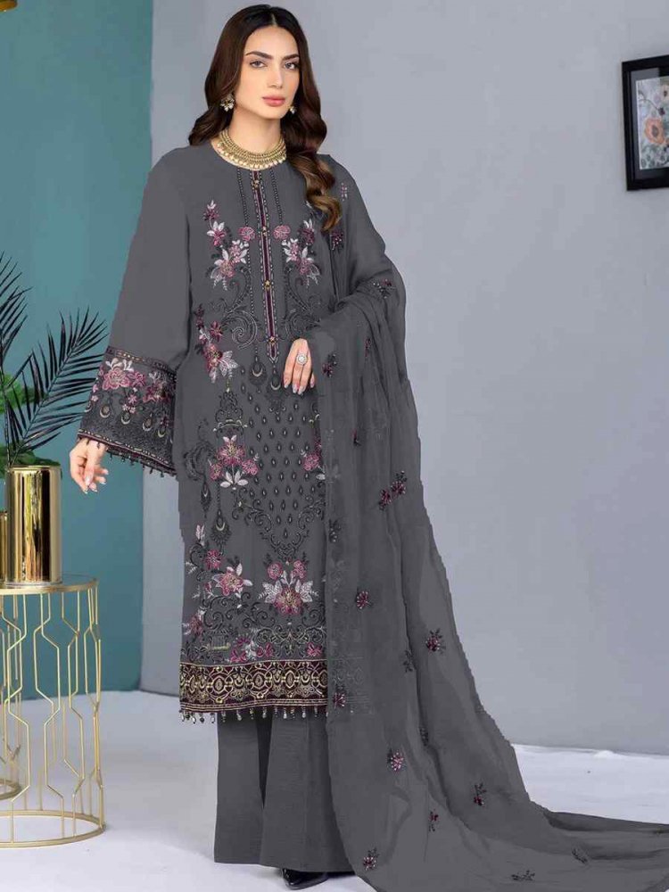 Grey Georgette Embroidered Festival Casual Pant Salwar Kameez
