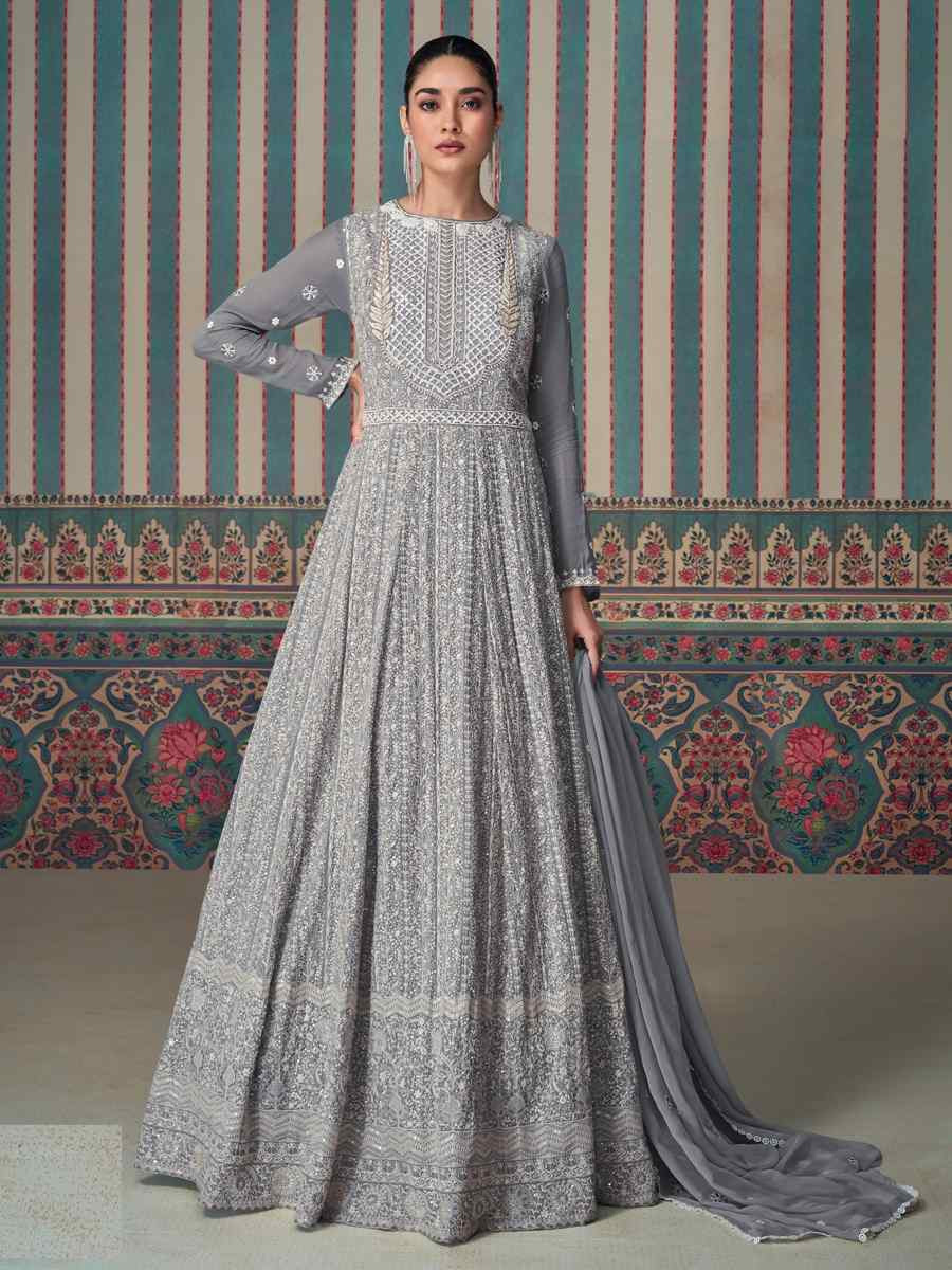 Grey Georgette Embroidered Festival Wedding Anarkali Salwar Kameez