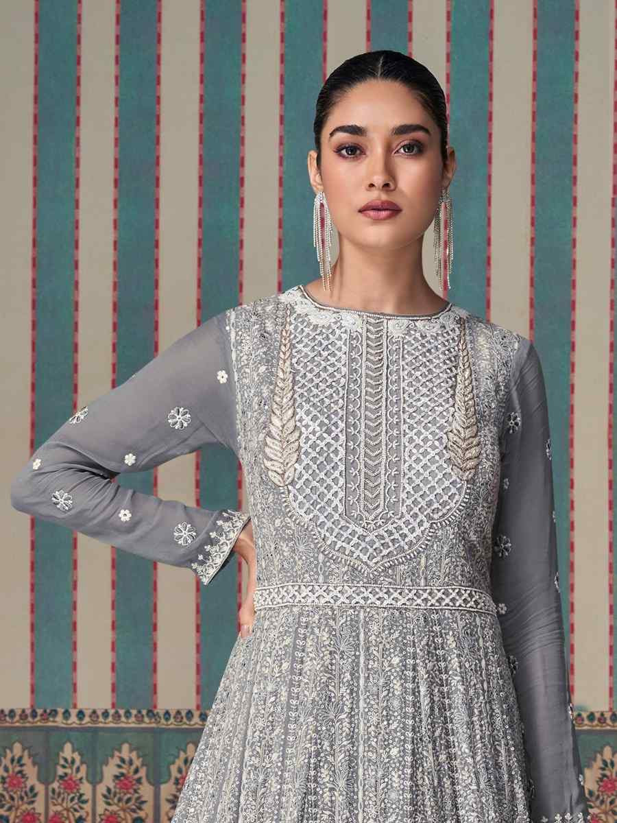 Grey Georgette Embroidered Festival Wedding Anarkali Salwar Kameez