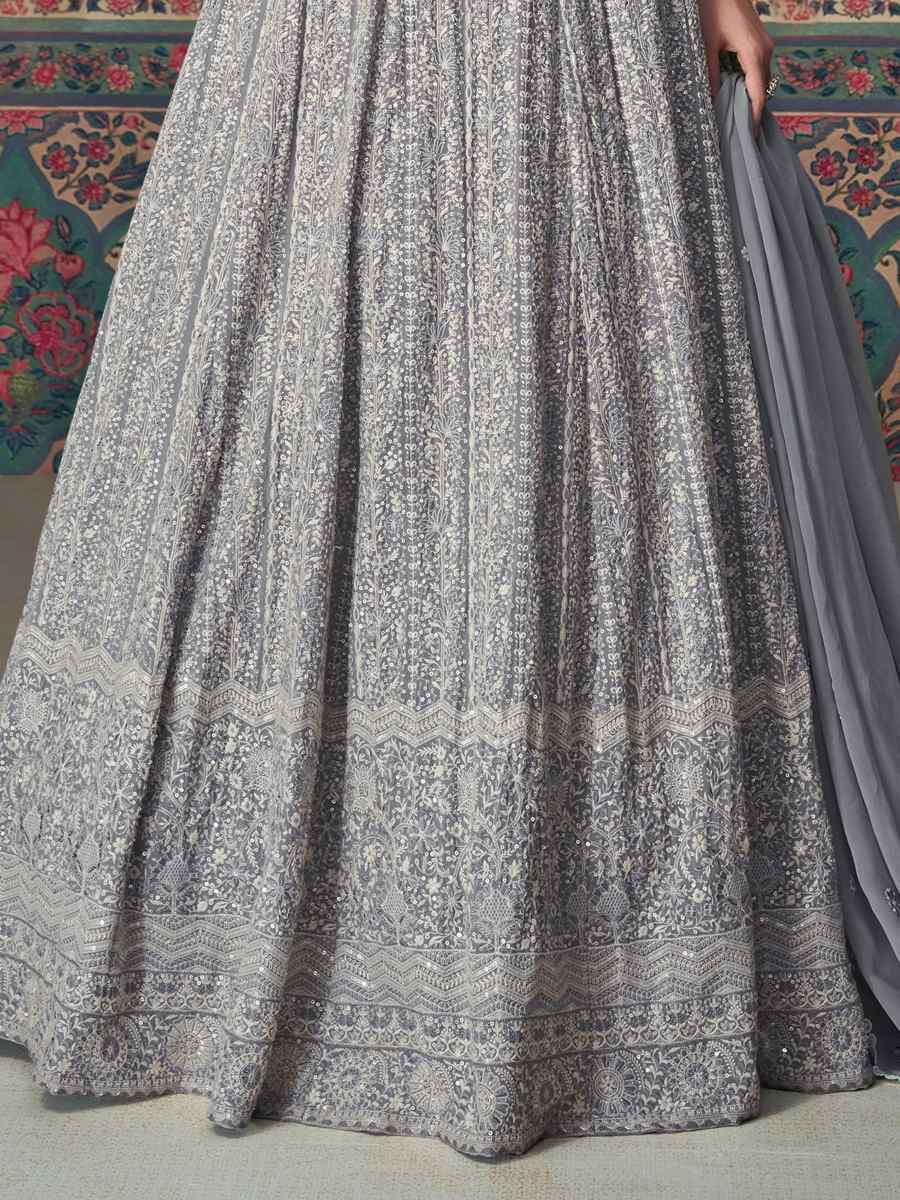 Grey Georgette Embroidered Festival Wedding Anarkali Salwar Kameez