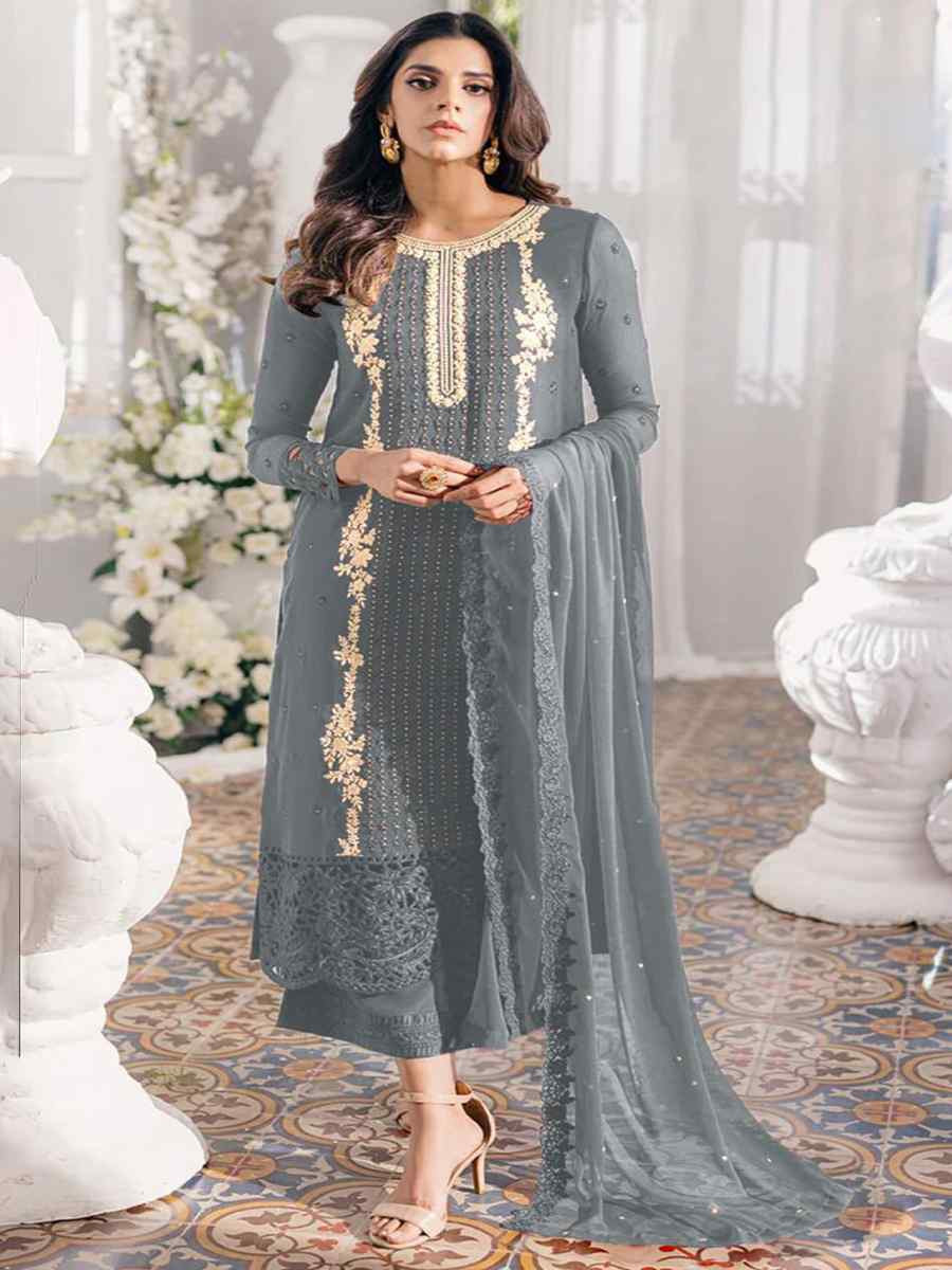 Grey Georgette Embroidered Festival Wedding Pant Salwar Kameez