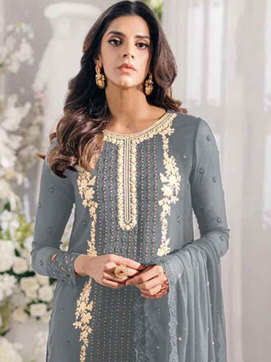 Grey Georgette Embroidered Festival Wedding Pant Salwar Kameez