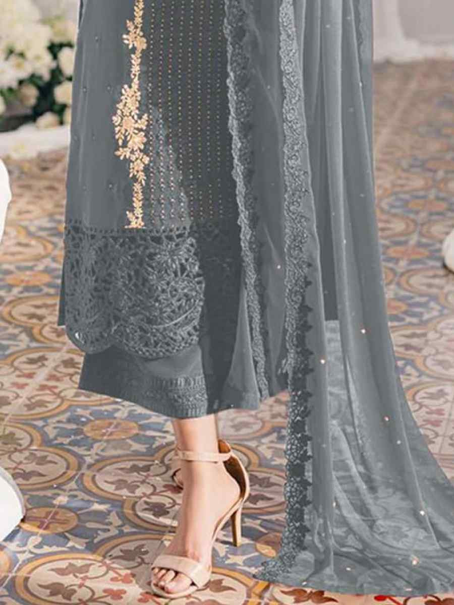 Grey Georgette Embroidered Festival Wedding Pant Salwar Kameez